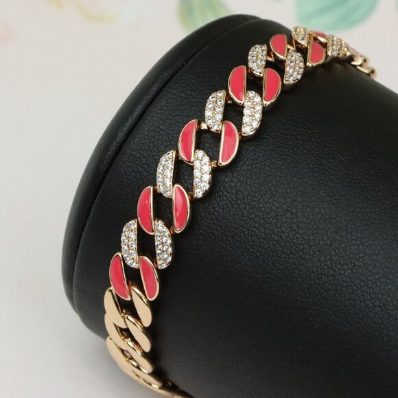 Rose Gold Bracelet with Red Enamel and Crystal Pave Links, XPBL0728 - Picture 1 of 12